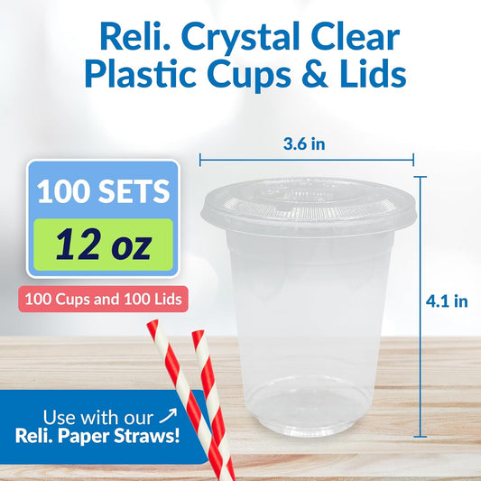 Reli. Plastic Cups with Lids, 12 oz (100 Sets Bulk) | Clear Plastic Cups with Lids | 12 oz Plastic Disposable Cups for Party, Coffee, Smoothies, To Go