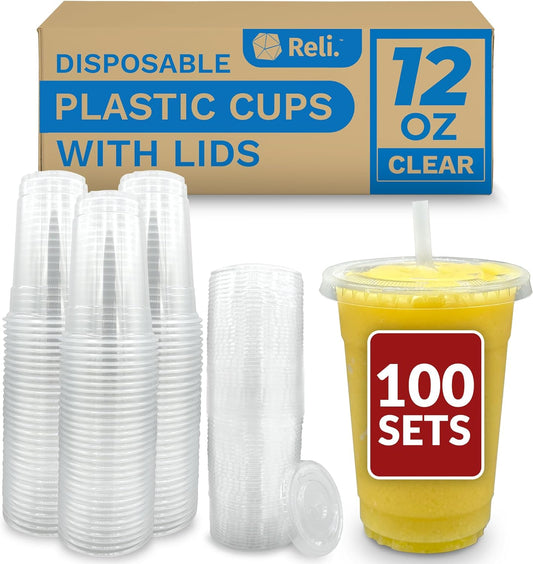 Reli. Plastic Cups with Lids, 12 oz (100 Sets Bulk) | Clear Plastic Cups with Lids | 12 oz Plastic Disposable Cups for Party, Coffee, Smoothies, To Go