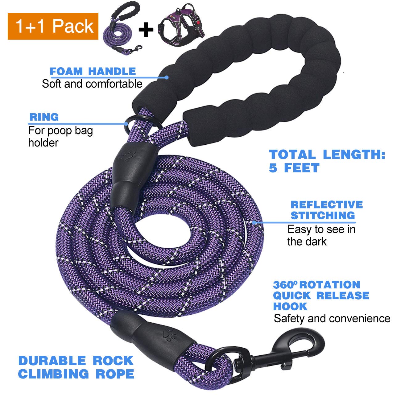 tobeDRI No Pull Dog Harness Adjustable Reflective Oxford Easy Control Medium Large Dog Harness with A Free Heavy Duty 5ft Dog Leash (S (Neck: 13"-18", Chest: 17.5"-22"), Blue Harness+Leash)