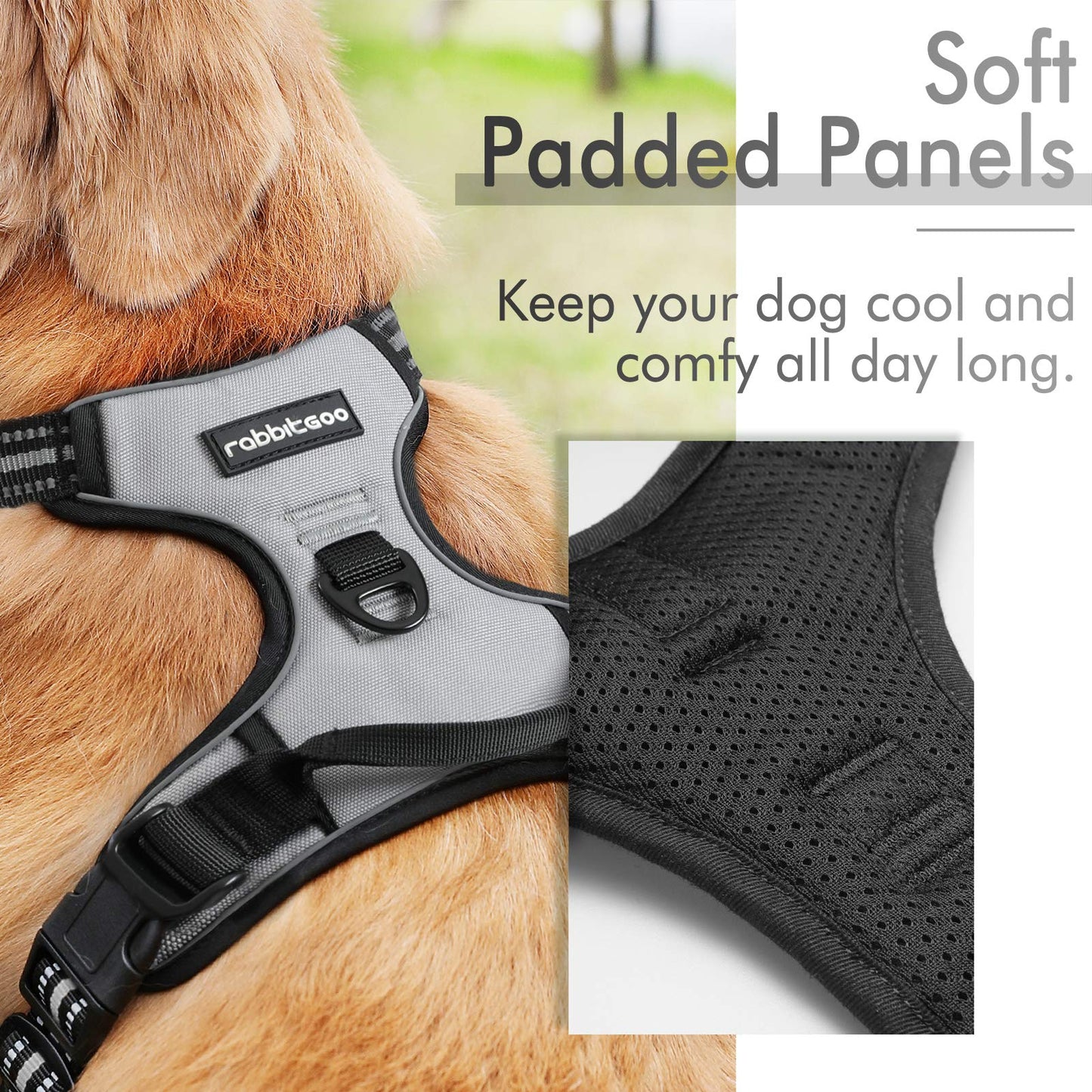 rabbitgoo Dog Harness, No-Pull Pet Harness with 2 Leash Clips, Adjustable Soft Padded Dog Vest, Reflective No-Choke Pet Oxford Vest with Easy Control Handle for Large Dogs, Black, L