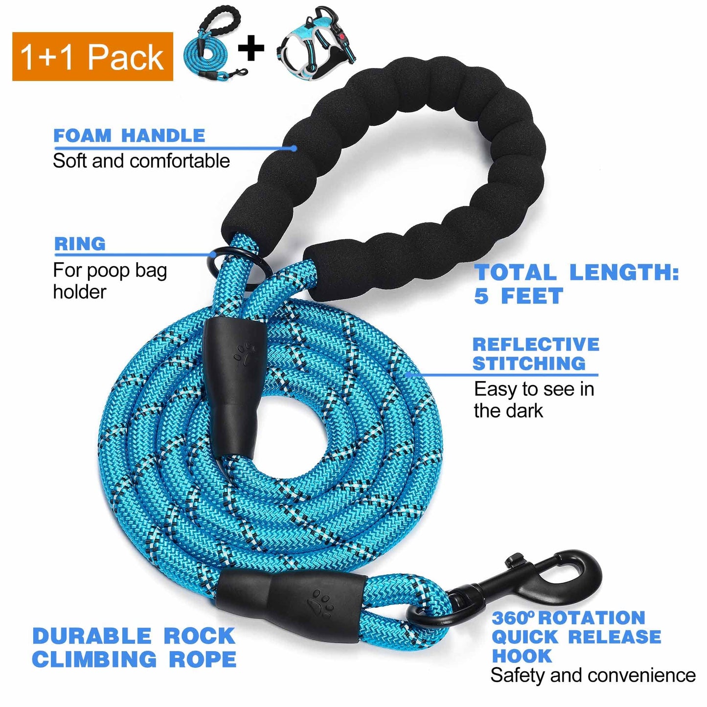 tobeDRI No Pull Dog Harness Adjustable Reflective Oxford Easy Control Medium Large Dog Harness with A Free Heavy Duty 5ft Dog Leash (S (Neck: 13"-18", Chest: 17.5"-22"), Blue Harness+Leash)