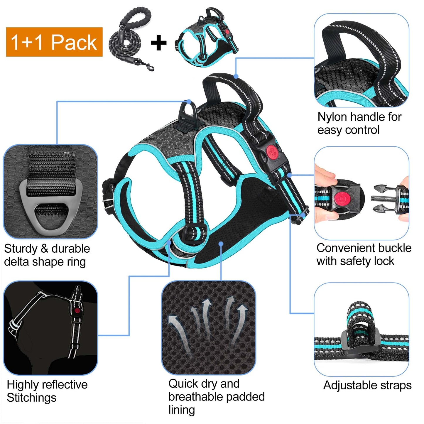 tobeDRI No Pull Dog Harness Adjustable Reflective Oxford Easy Control Medium Large Dog Harness with A Free Heavy Duty 5ft Dog Leash (S (Neck: 13"-18", Chest: 17.5"-22"), Blue Harness+Leash)