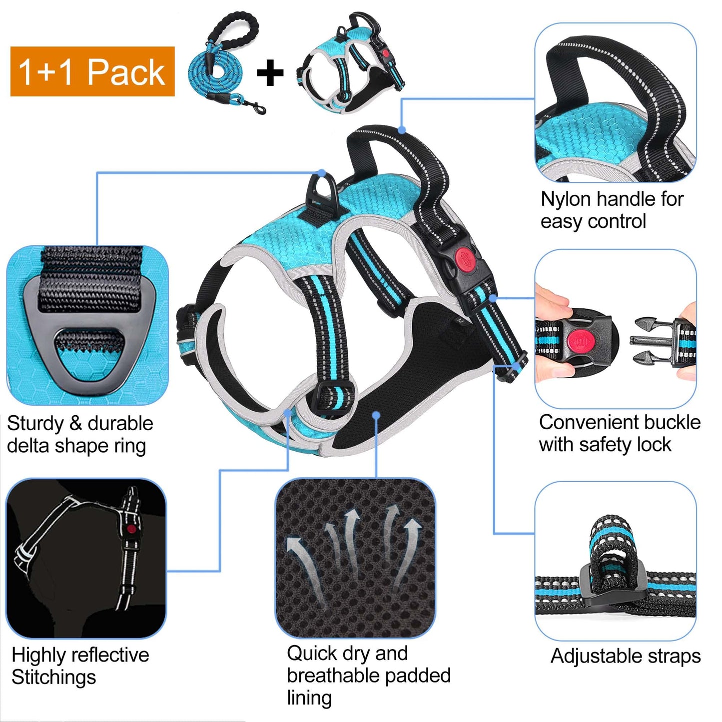 tobeDRI No Pull Dog Harness Adjustable Reflective Oxford Easy Control Medium Large Dog Harness with A Free Heavy Duty 5ft Dog Leash (S (Neck: 13"-18", Chest: 17.5"-22"), Blue Harness+Leash)