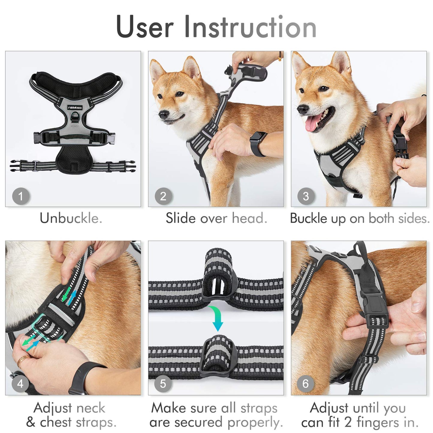 rabbitgoo Dog Harness, No-Pull Pet Harness with 2 Leash Clips, Adjustable Soft Padded Dog Vest, Reflective No-Choke Pet Oxford Vest with Easy Control Handle for Large Dogs, Black, L