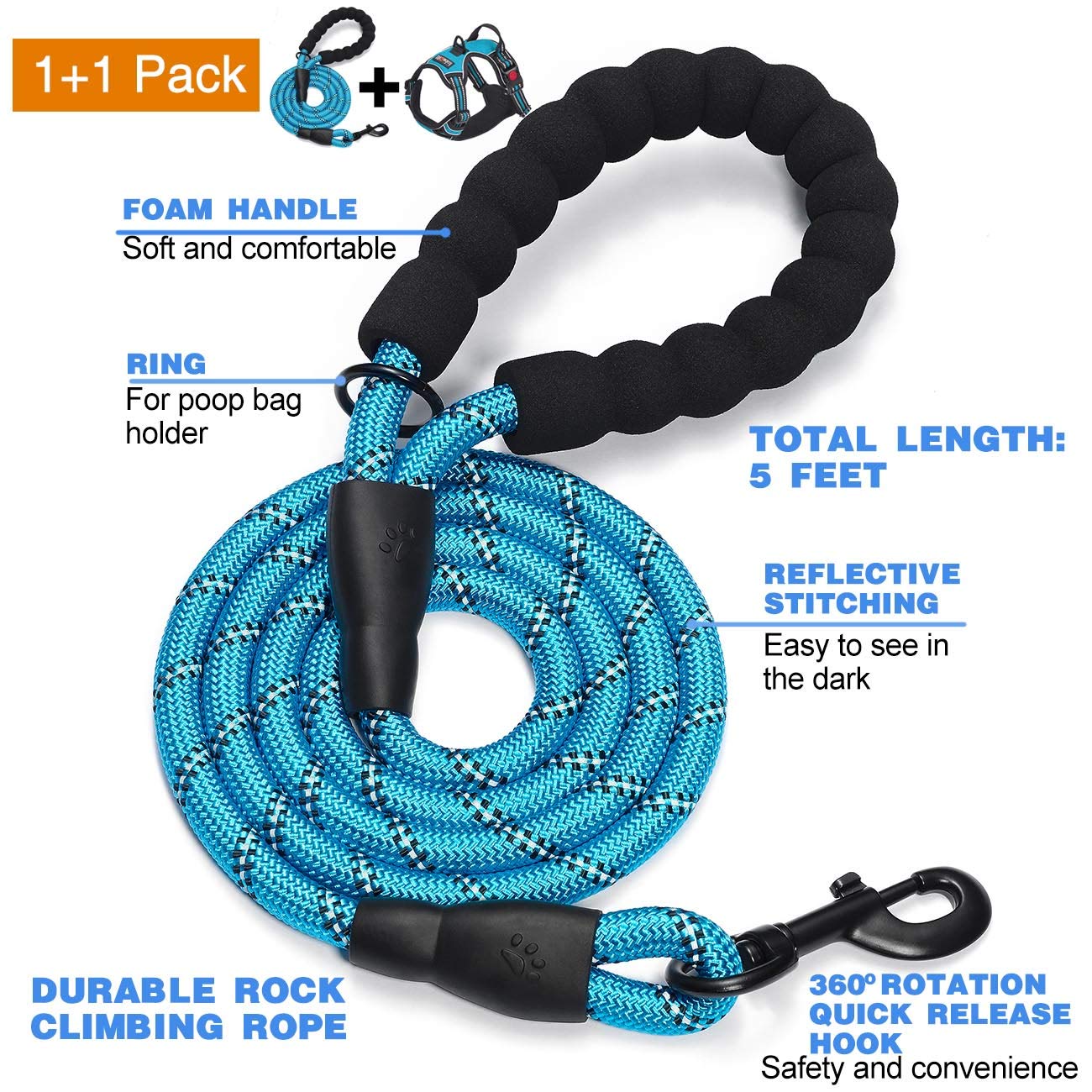 tobeDRI No Pull Dog Harness Adjustable Reflective Oxford Easy Control Medium Large Dog Harness with A Free Heavy Duty 5ft Dog Leash (S (Neck: 13"-18", Chest: 17.5"-22"), Blue Harness+Leash)