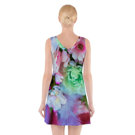 Pink green flower V-Neck Sleeveless Dress