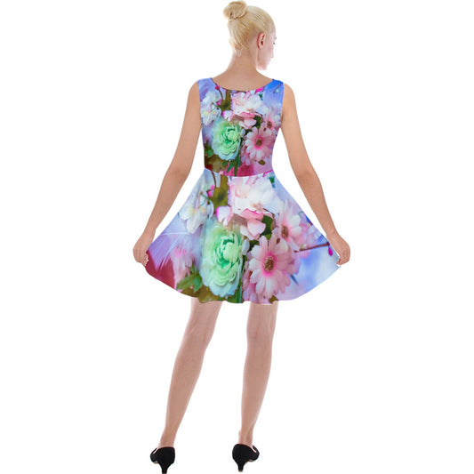 Pink green flower Velvet Skater Dress